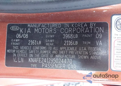 2009 Kia Spectra Sx из США, поврежденный, VIN KNAFE241295024470